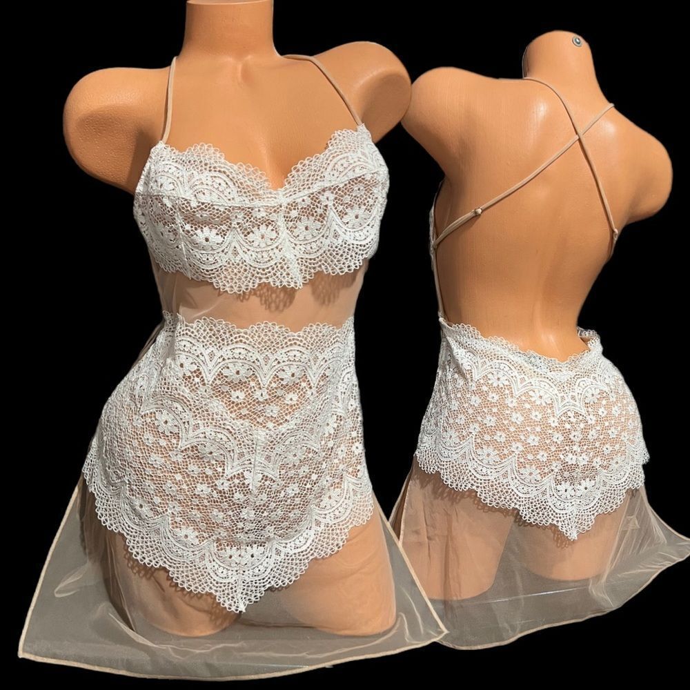 Victorias Secret Sexy Sheer Mesh & Crochet Lace Babydoll sleep dress Medium
